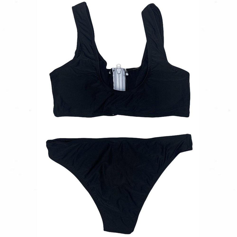 Black & White Scoop Neck Zip-Front Crop Top Bikini - Picture 8 of 16